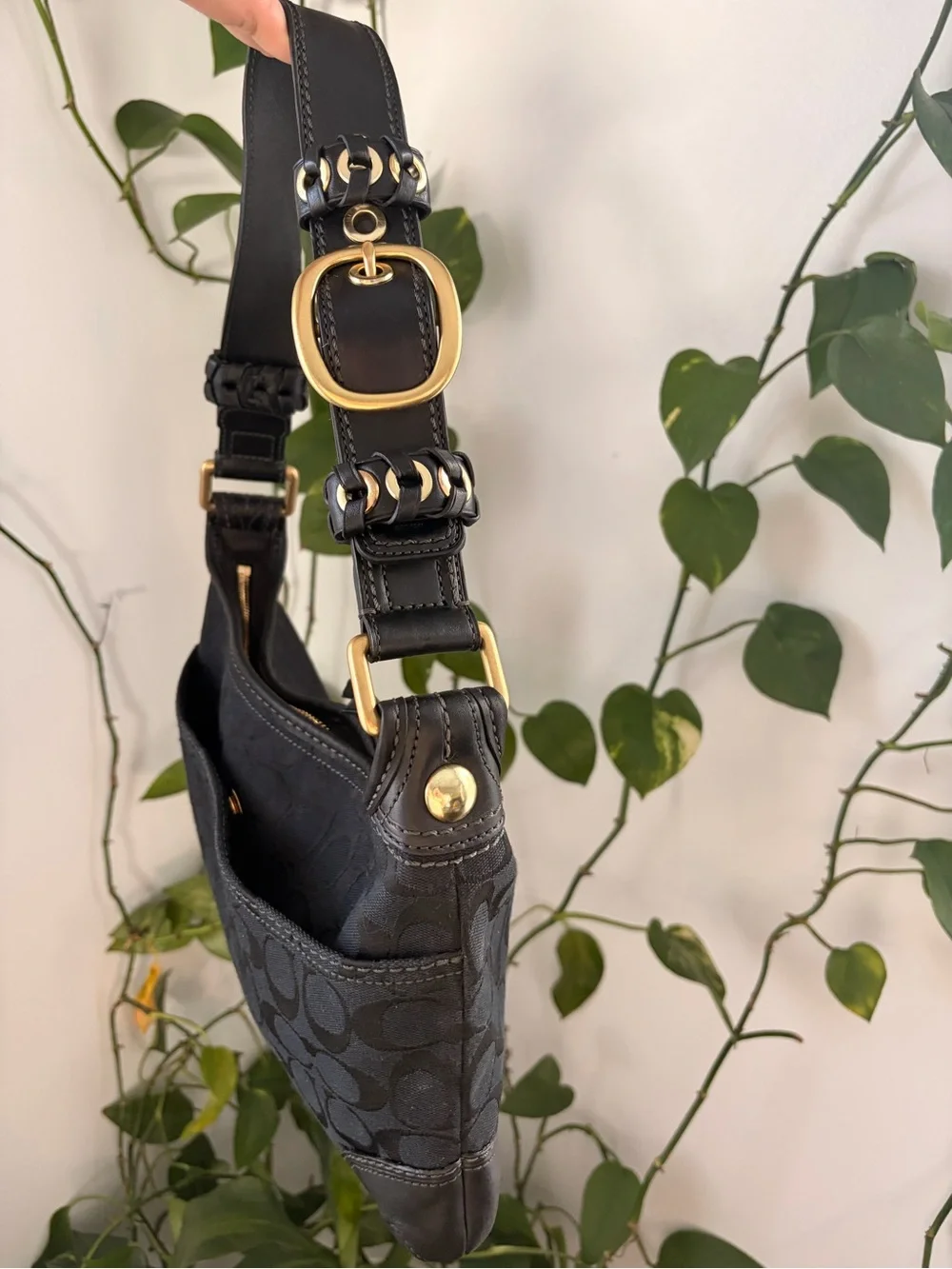 Coach Black Signature Jacquard Shoulder Bag with Gold-Tone Hardware